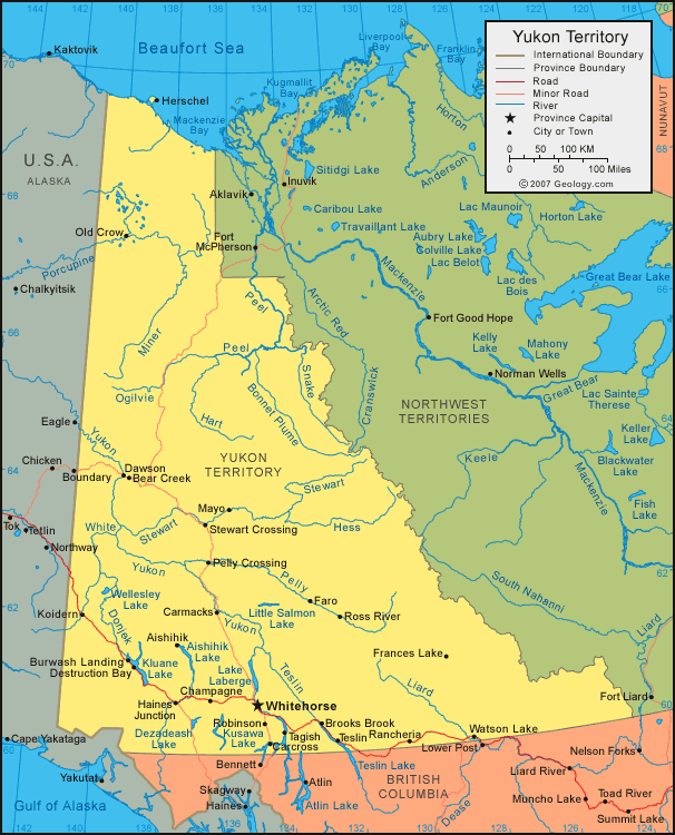 Yukon Territory Map Satellite Image Roads Lakes Rivers Cities