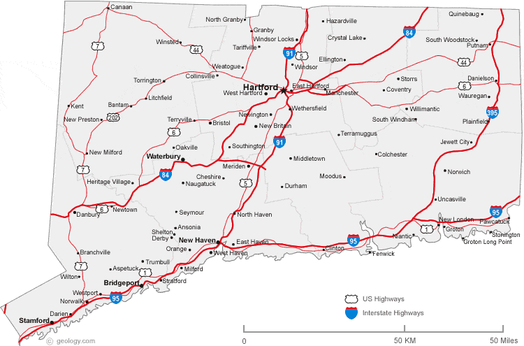 Map Of Ct Cities Map of Connecticut Cities   Connecticut Road Map