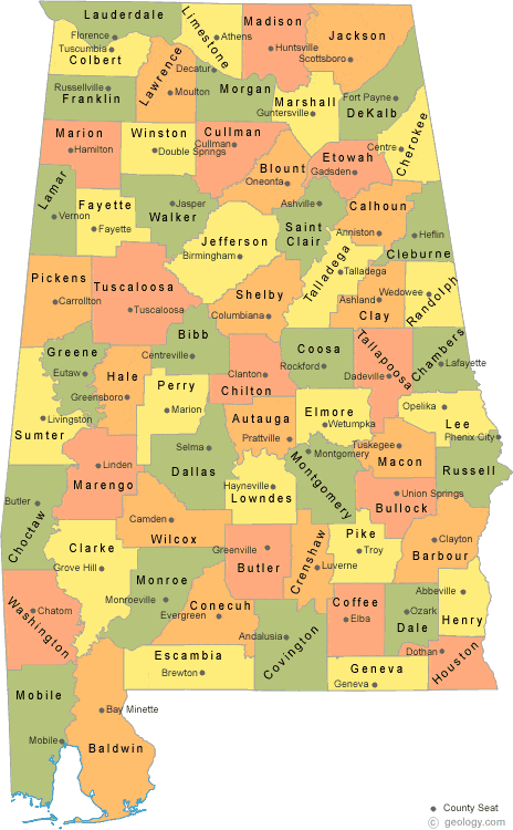 Alabama Cities Map Color 2018   Alabama County Map 