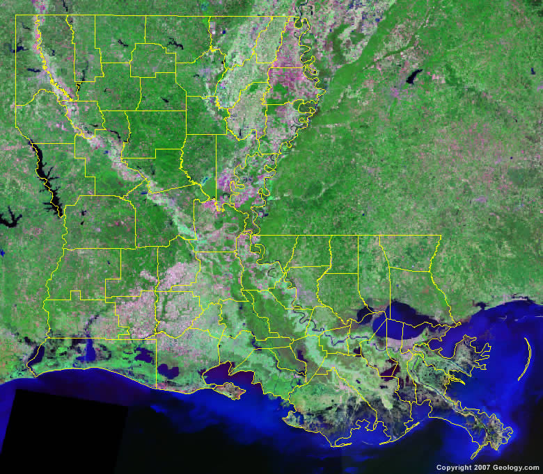 satellite louisiana map parish county landsat cities boundaries geology environment rivers counties mississippi superimposed detailed above