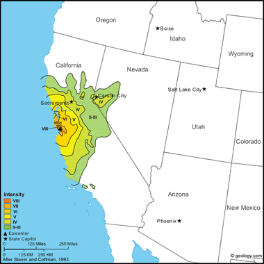 Map of Santa Cruz Mountains Earthquake of 1989