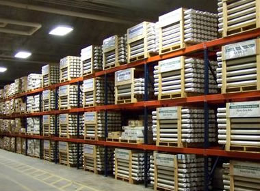 view of a warehouse where rock cores collected by drilling wells are stored in tubes and boxes