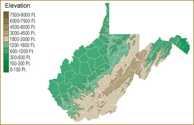 West Virginia elevation map