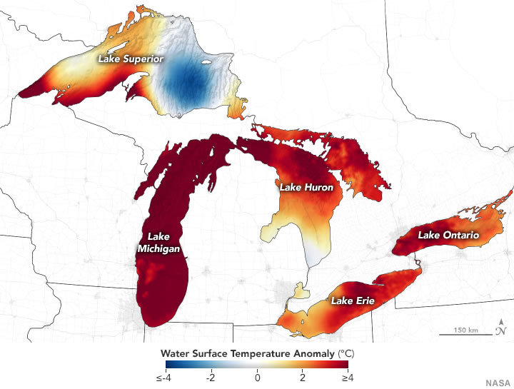 Great Lakes surface temperature anomalies