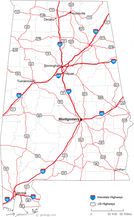 Interstate Map Of Alabama Map of Alabama