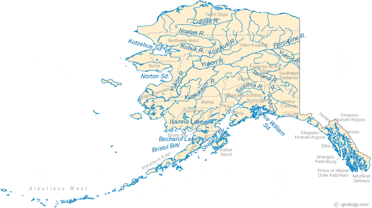 Map of Alaska Lakes, Streams and Rivers