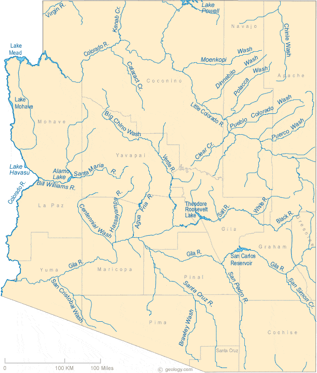 Map Of Arizona Lakes Streams And Rivers