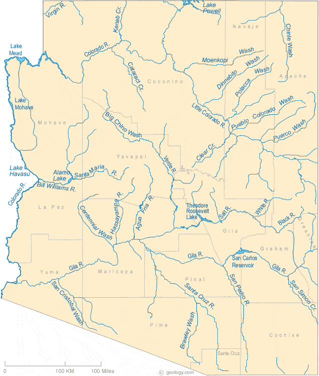 Map Of Arizona Lakes Map of Arizona Lakes, Streams and Rivers