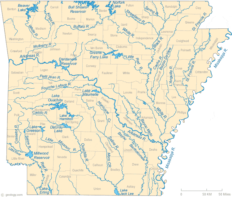 Arkansas Lakes and Rivers Map