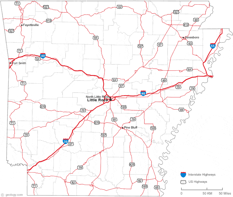 County Map of the States of Arkansas Mississippi and Louisiana