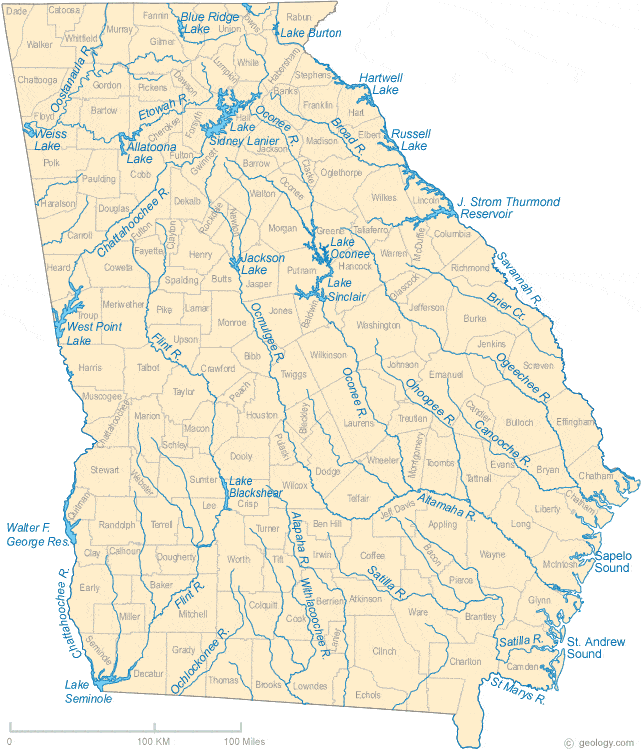 Map of Georgia Lakes, Streams and Rivers