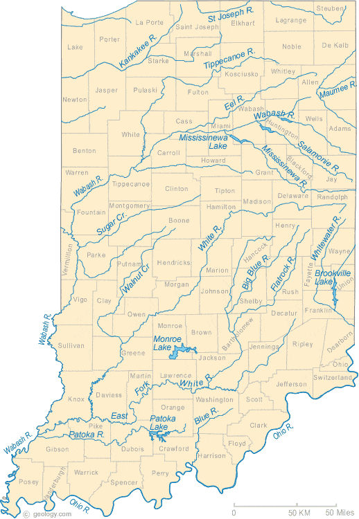 Indiana Lakes and Rivers Map
