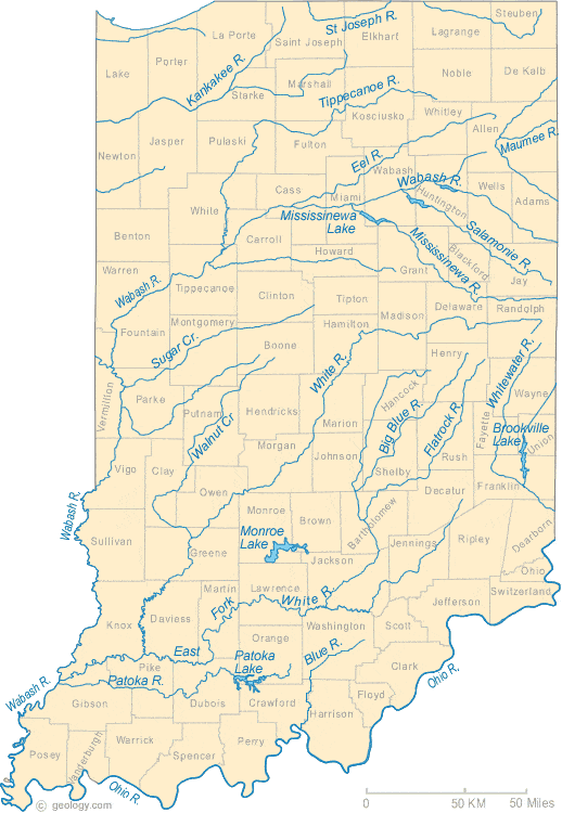 Map of Indiana Lakes, Streams and Rivers