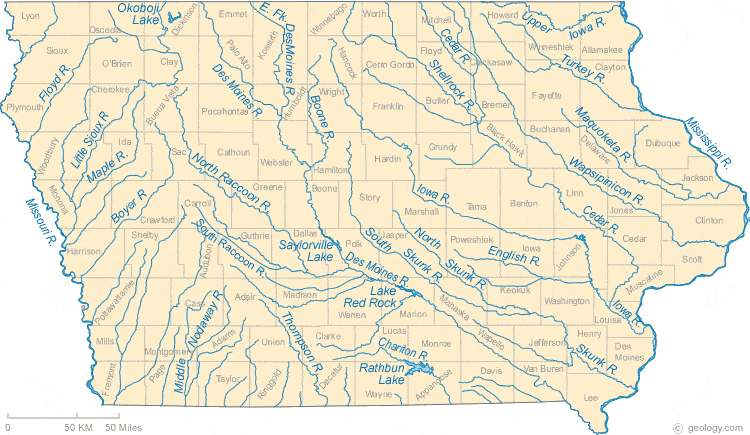 Iowa Lakes and Rivers Map