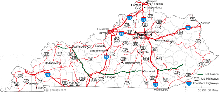 Map Of Kentucky   Kentucky Road Map 