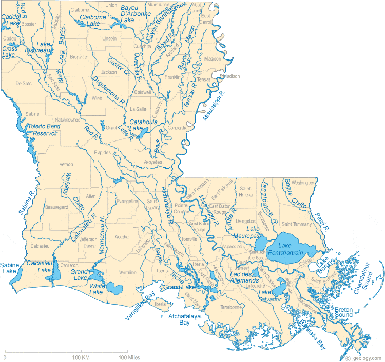 Map of Louisiana Lakes, Streams and Rivers