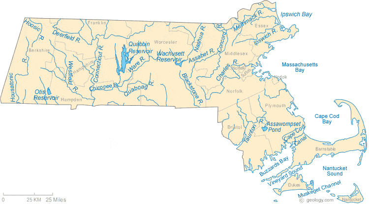 Massachusetts Lakes and Rivers Map