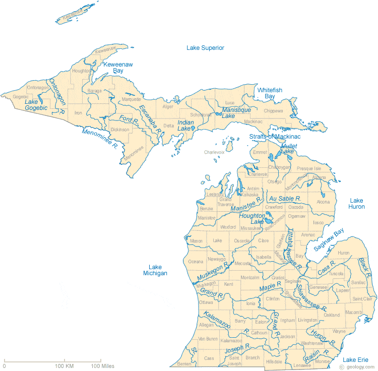 Michigan Lakes and Rivers Map