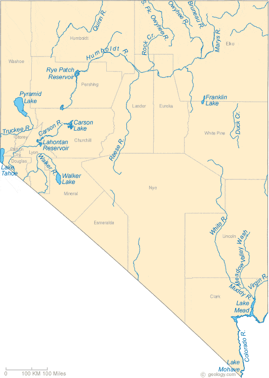Nevada Lakes and Rivers Map