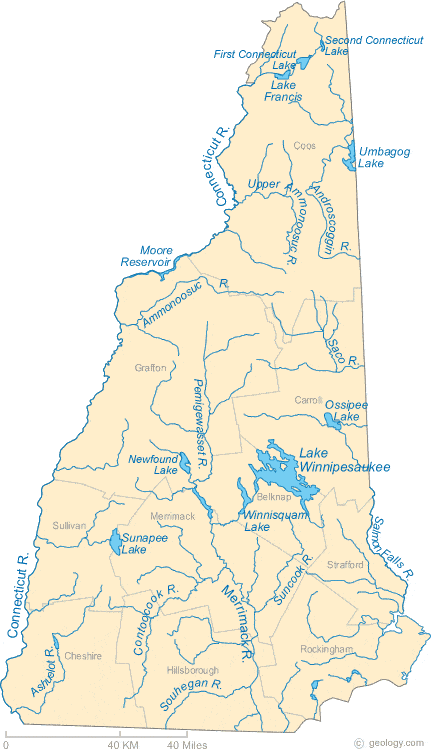 Map Of Lakes In Nh Map of New Hampshire Lakes, Streams and Rivers