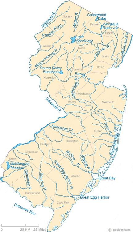 New Jersey Lakes and Rivers Map