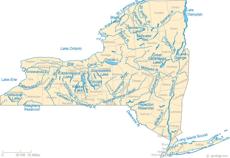 New York Lakes and Rivers Map