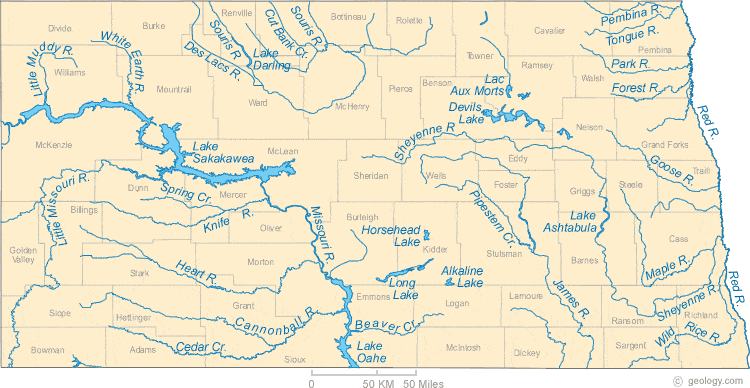 North Dakota Lakes and Rivers Map