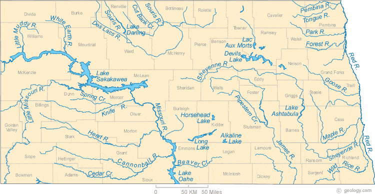 North Dakota River Map Map of North Dakota Lakes, Streams and Rivers