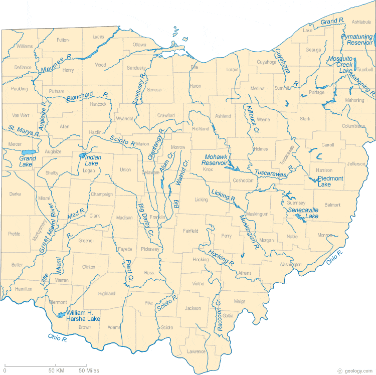 Ohio Lakes and Rivers Map