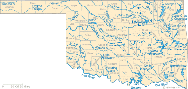 Map Of Oklahoma Lakes Streams And Rivers