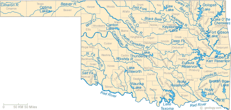 Canadian River Oklahoma Map Map of Oklahoma Lakes, Streams and Rivers