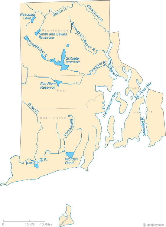 Map of Rhode Island Lakes, Streams and Rivers