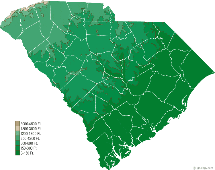 Elevation Map Of South Carolina South Carolina Physical Map and South Carolina Topographic Map