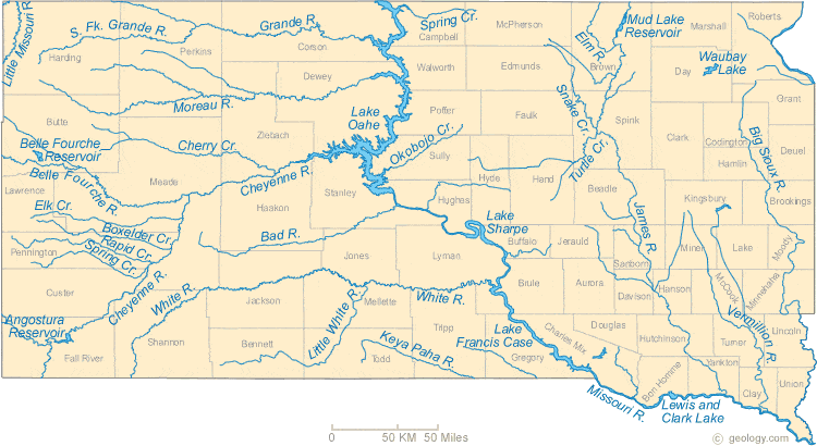 South Dakota Lakes and Rivers Map