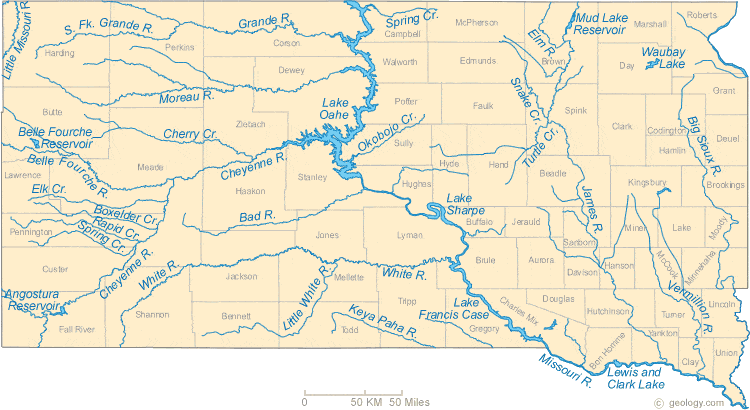 Physical Map Of South Dakota Map Of South Dakota Lakes, Streams And Rivers