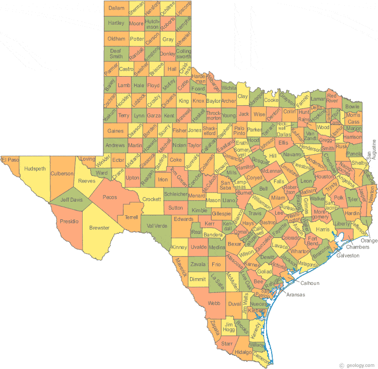 Texas Elevation Map By County Map of Texas