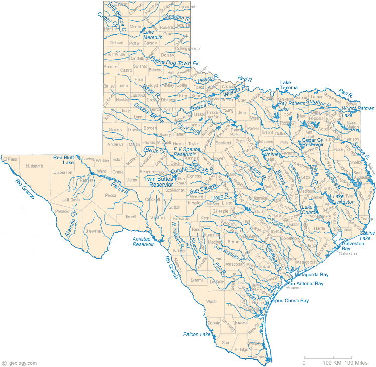 Texas Lakes and Rivers Map