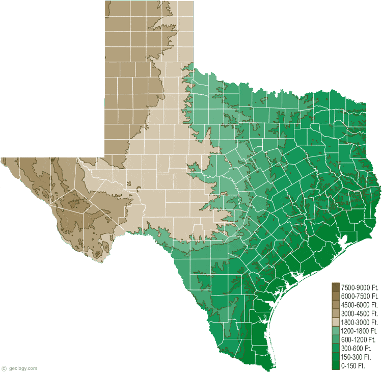 Texas Elevation Map By County Texas Physical Map and Texas Topographic Map