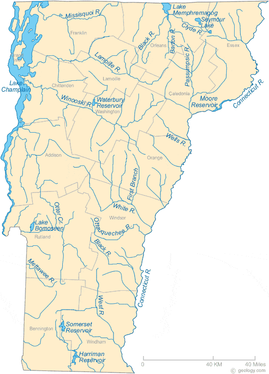 Map of Vermont Lakes, Streams and Rivers