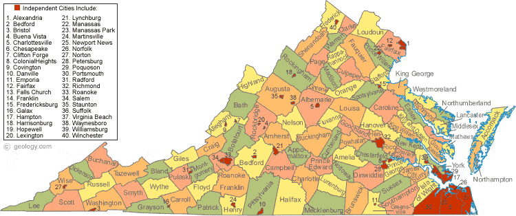 virginia state map with cities and counties Map Of Virginia virginia state map with cities and counties