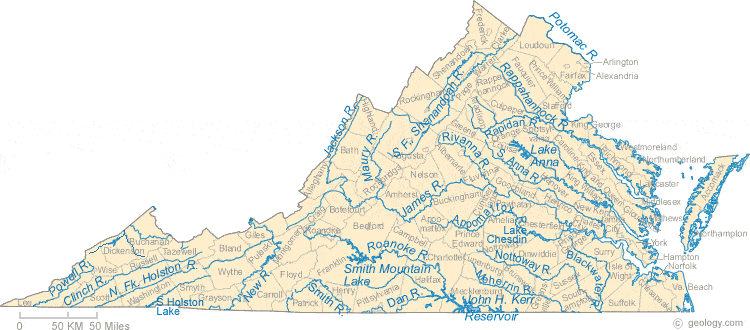 Map Of Virginia Lakes Streams And Rivers