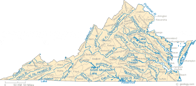 Virginia Water Lake Map Map Of Virginia Lakes, Streams And Rivers