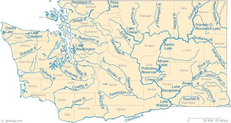 Washington Lakes and Rivers Map