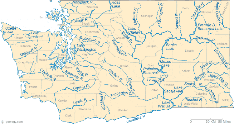 Map Of Washington Lakes Streams And Rivers   Washington Rivers Map 