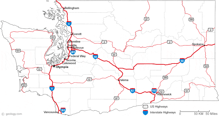 map of Washington cities