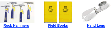 Rock hammers, field books and hand lens