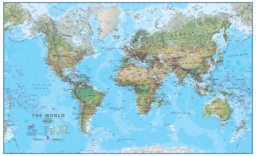 physical map of the world laminated wall map