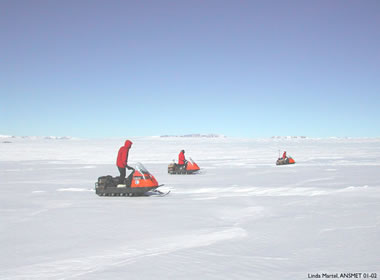 meteorite hunters on snowmobiles