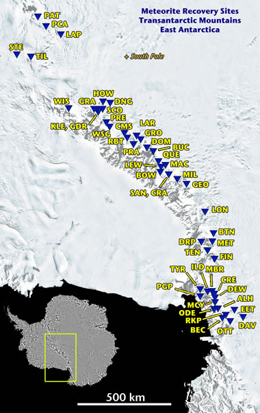 map of meteorite hunting areas in Antarctica