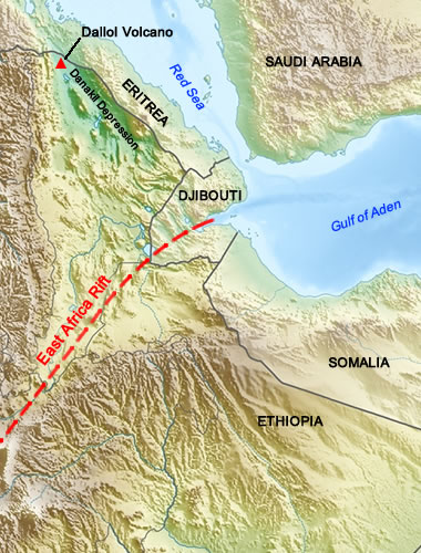 Map of the Afar Triangle showing the location of the Dallol volcanic site in the Danakil Depression